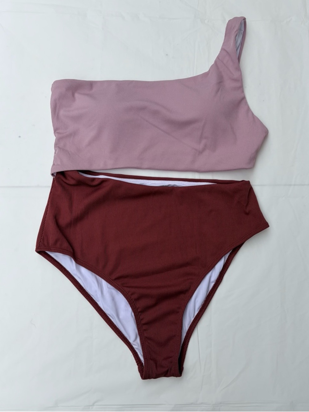 Trendy One Shoulder Ribbed Bikini High Waisted Colorblock Swimset Vacation Ready - Picture 11 of 11